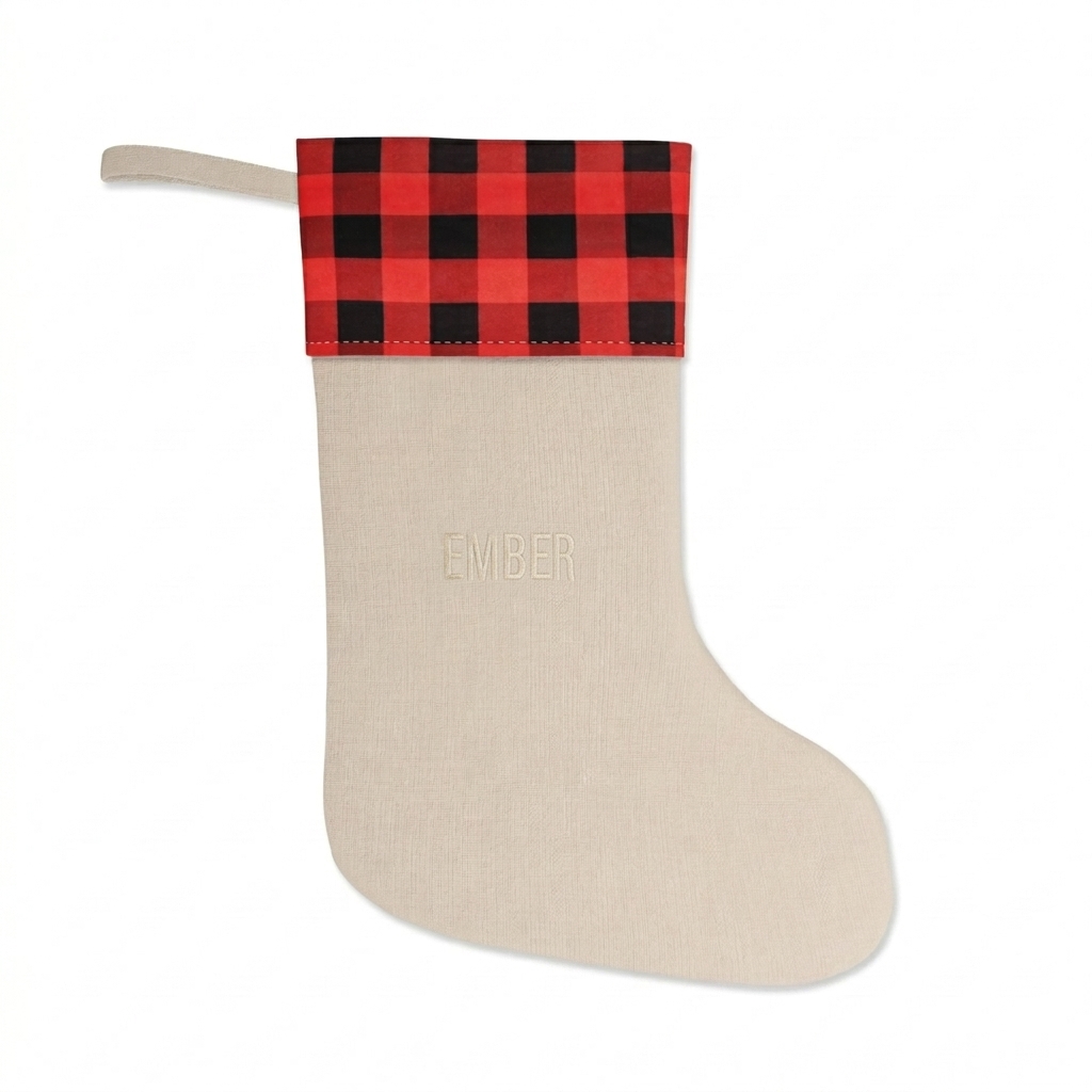 Custom Custom Christmas Stocking design direction 1: Minimalist Festive Wordmark featuring the EMBER wordmark