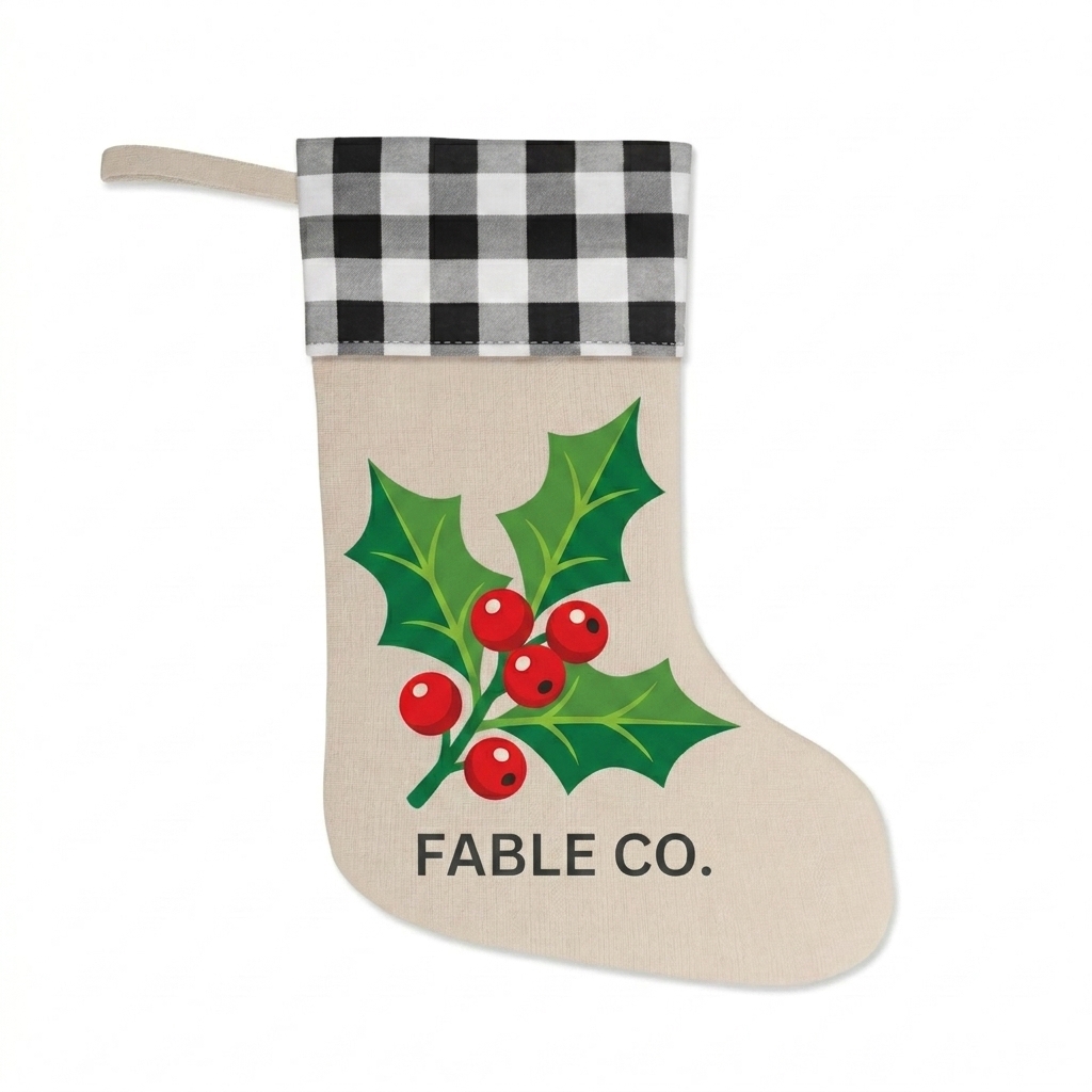 Custom Custom Christmas Stocking design direction 2: Bold Holiday Illustration featuring the FABLE CO. wordmark