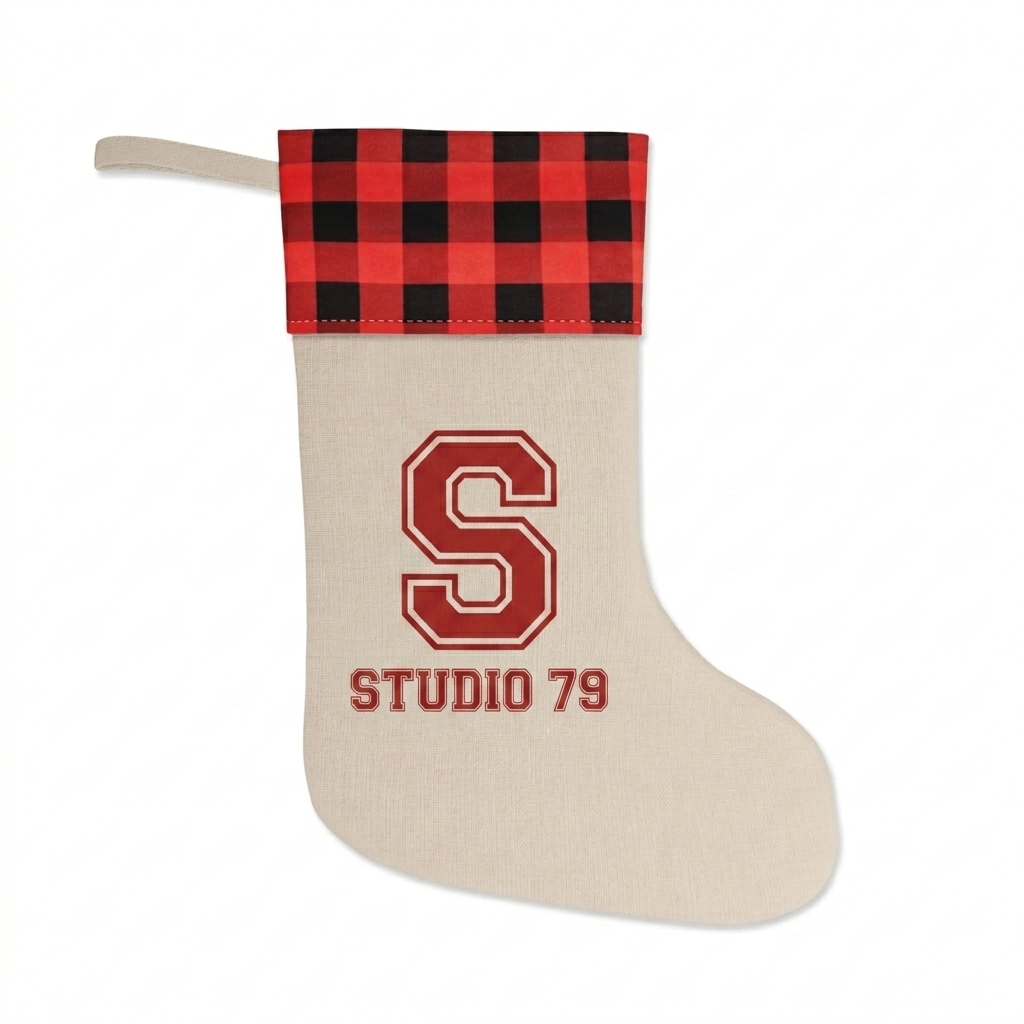 Custom Custom Christmas Stocking design direction 3: Retro Collegiate Monogram featuring the STUDIO 79 wordmark
