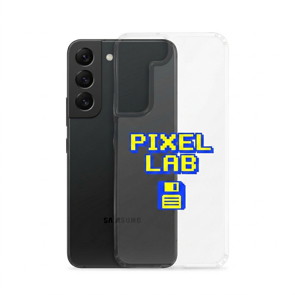 Custom Clear Phone Case design direction 3: Y2K Digital Aesthetic featuring the PIXEL LAB wordmark