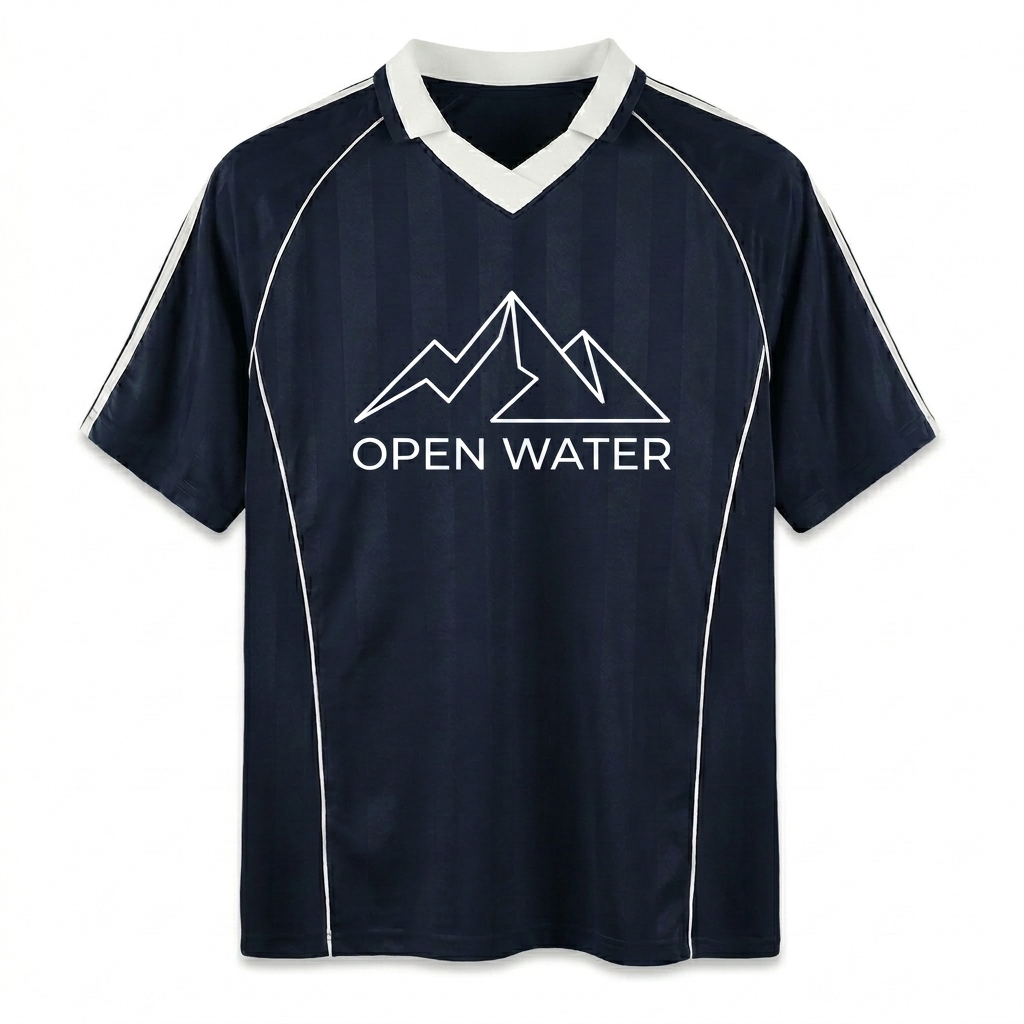 Custom Collared Soccer Jersey design direction 3: Abstract Landscape Emblem featuring the OPEN WATER wordmark