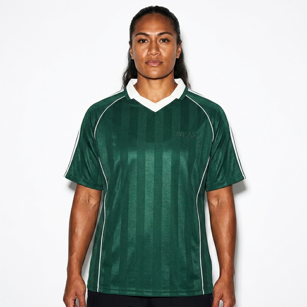 Collared Soccer Jersey worn by a athletic muscular Pacific Islander female fashion influencer, techwear modern styling, studio lookbook — custom collared soccer jersey