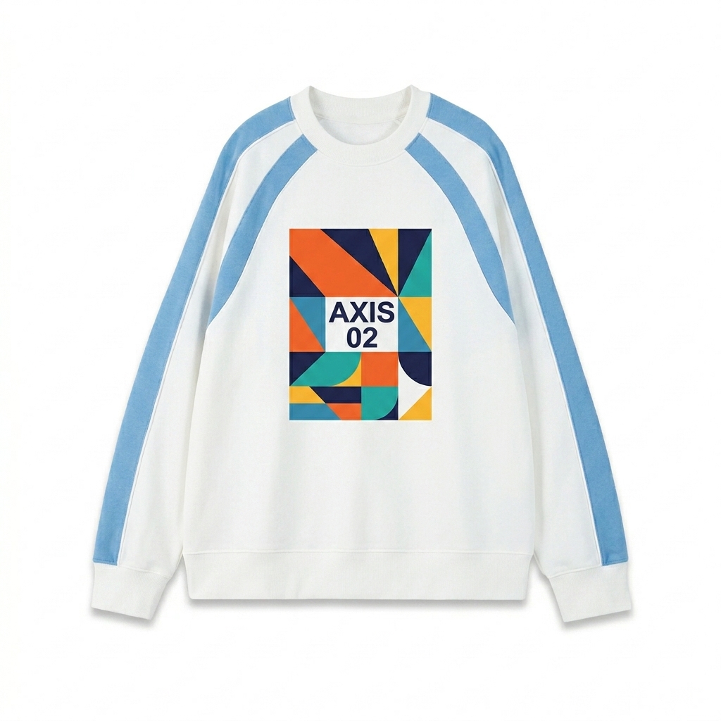 Custom Color Block Crewneck Sweatshirt design direction 2: Bold Abstract Graphic featuring the AXIS 02 wordmark