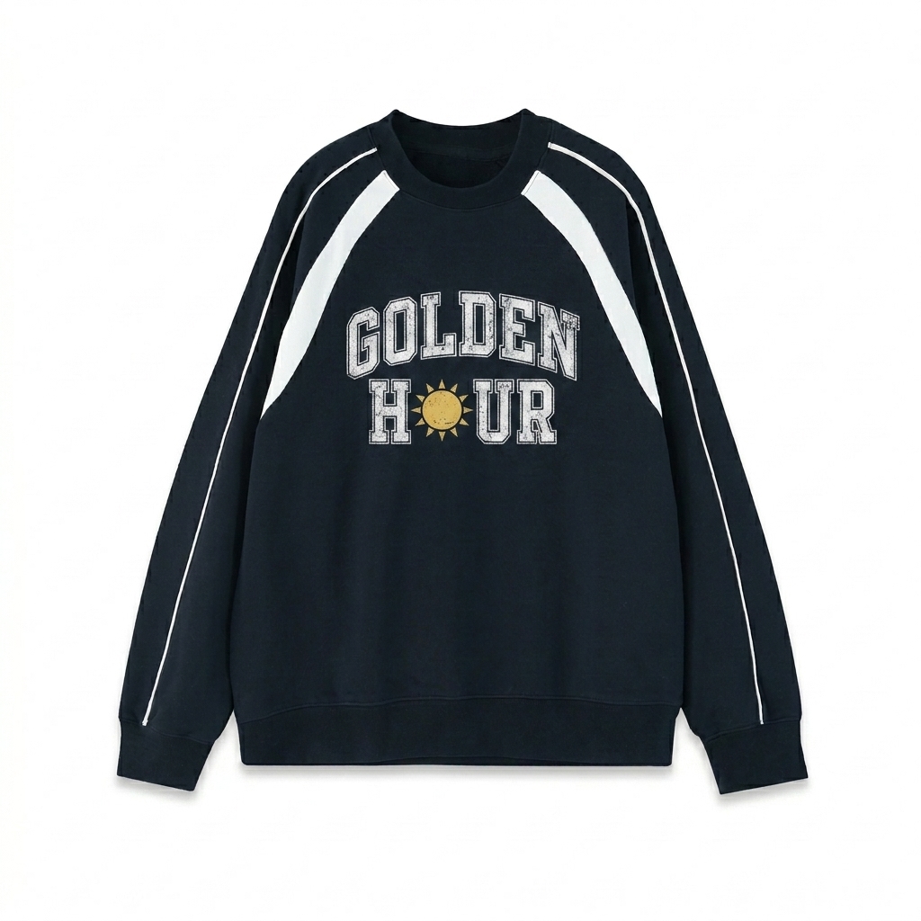Custom Color Block Crewneck Sweatshirt design direction 3: Retro Collegiate Emblem featuring the GOLDEN HOUR wordmark