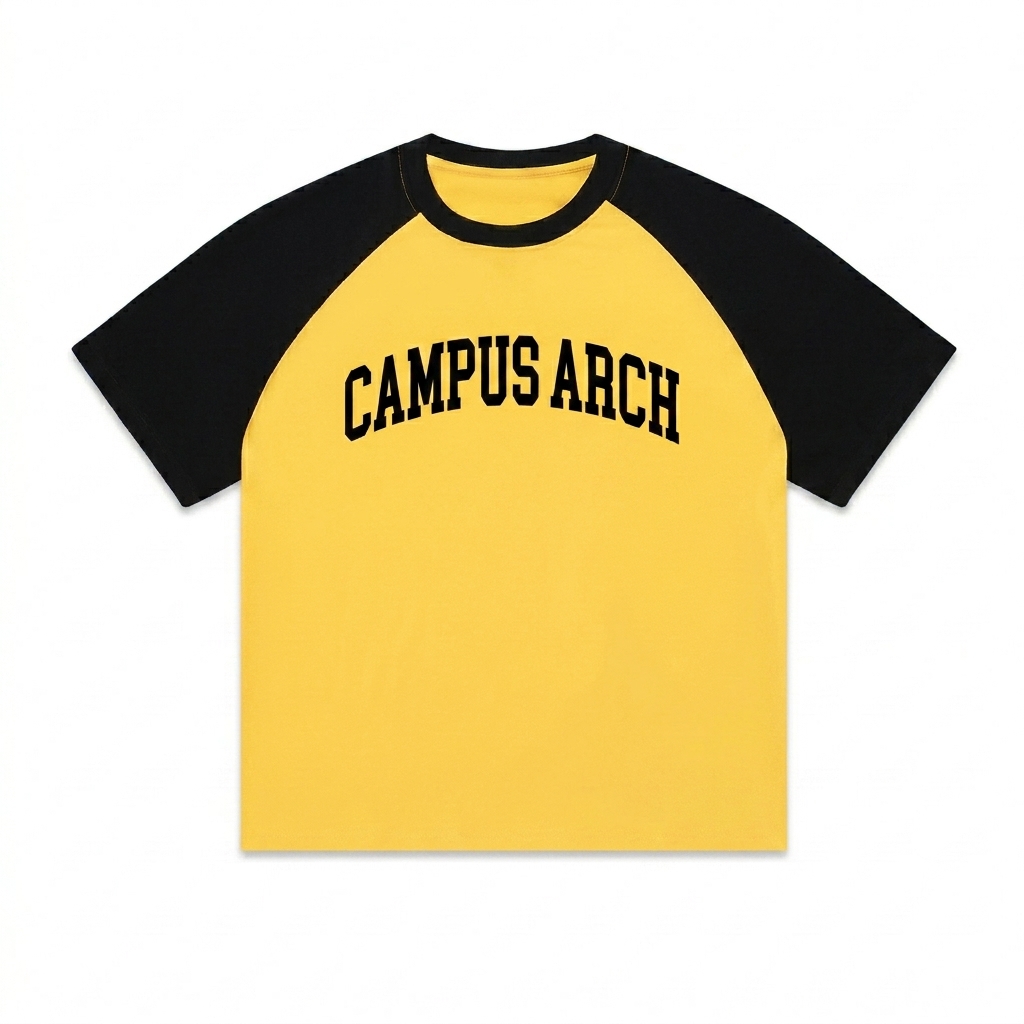 Custom Color-Blocked Raglan T-Shirt design direction 1: Retro Collegiate Wordmark featuring the CAMPUS ARCH wordmark