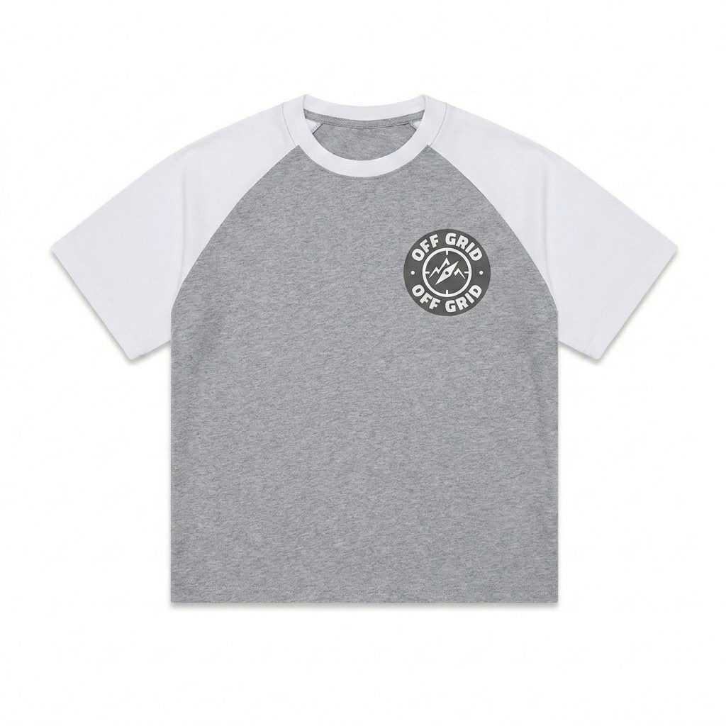 Custom Color-Blocked Raglan T-Shirt design direction 3: 90s Streetwear Emblem featuring the OFF GRID wordmark