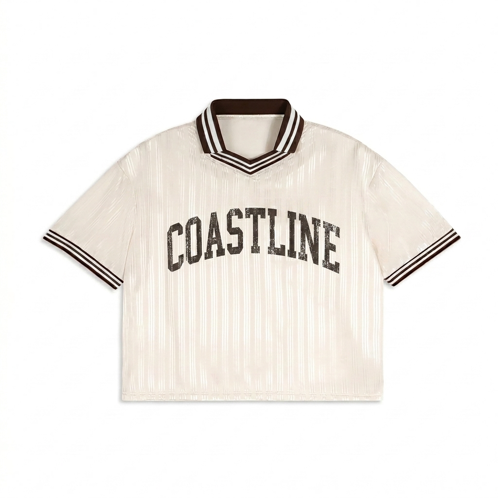 Custom Custom Contrast Stripe Polo T-Shirt design direction 3: Varsity Sport Wordmark featuring the COASTLINE wordmark