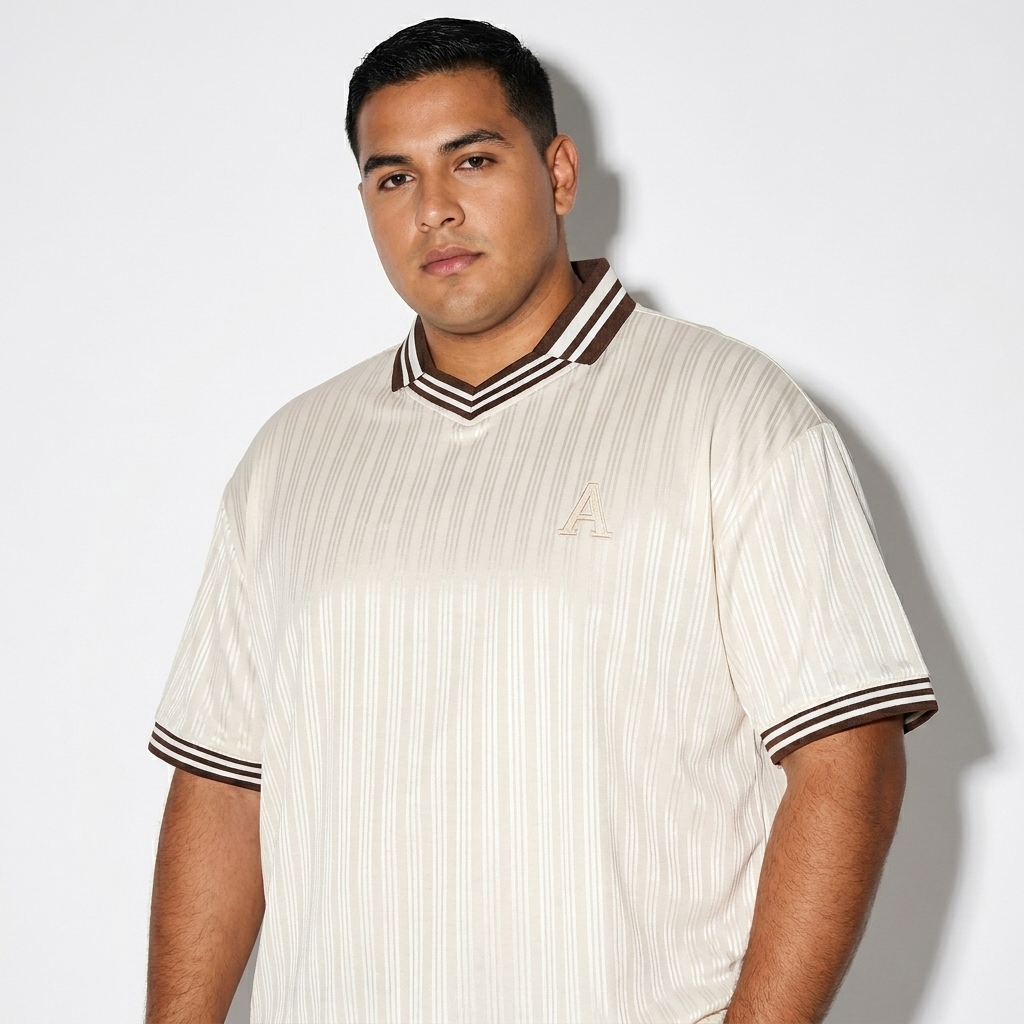Custom Contrast Stripe Polo T-Shirt worn by a curvy Hispanic male fashion influencer, gorpcore outdoor styling, studio lookbook — custom custom contrast stripe polo t-shirt