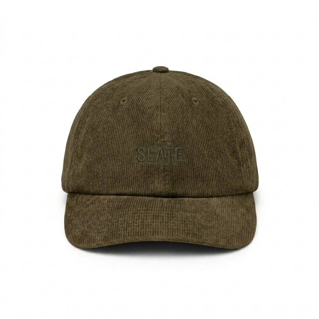 Custom Corduroy Dad Hat design direction 1: Tonal Minimalist Wordmark featuring the SLATE wordmark
