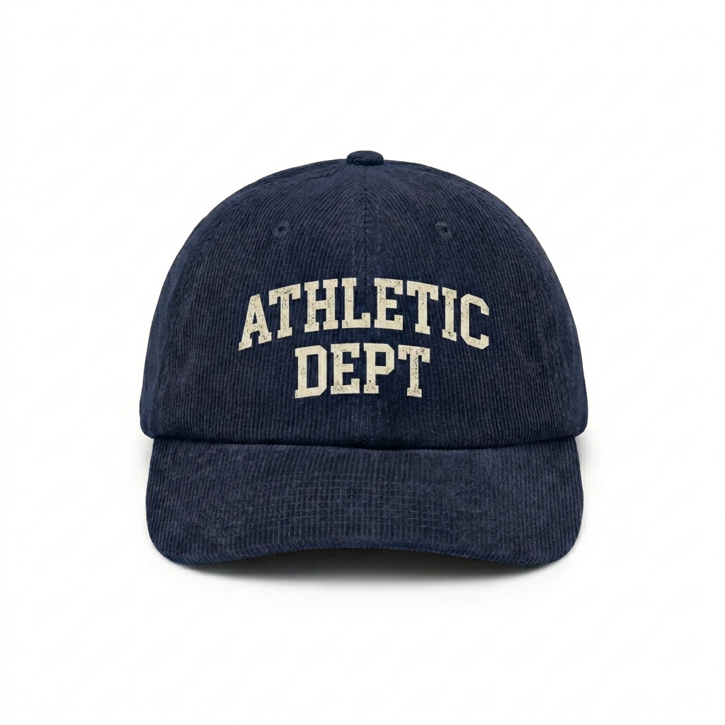 Custom Corduroy Dad Hat design direction 2: Retro Collegiate Emblem featuring the ATHLETIC DEPT wordmark