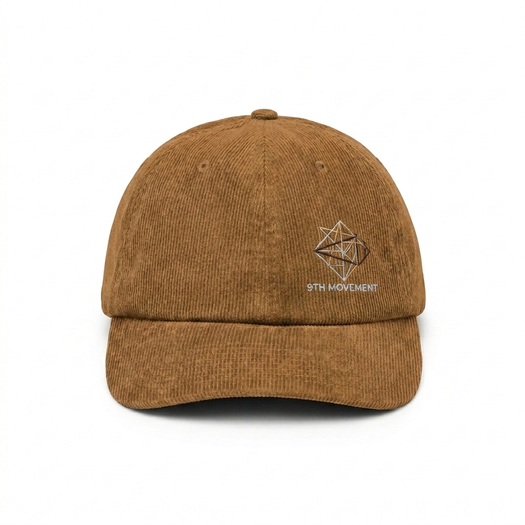 Custom Corduroy Dad Hat design direction 3: Abstract Line Art featuring the 9TH MOVEMENT wordmark
