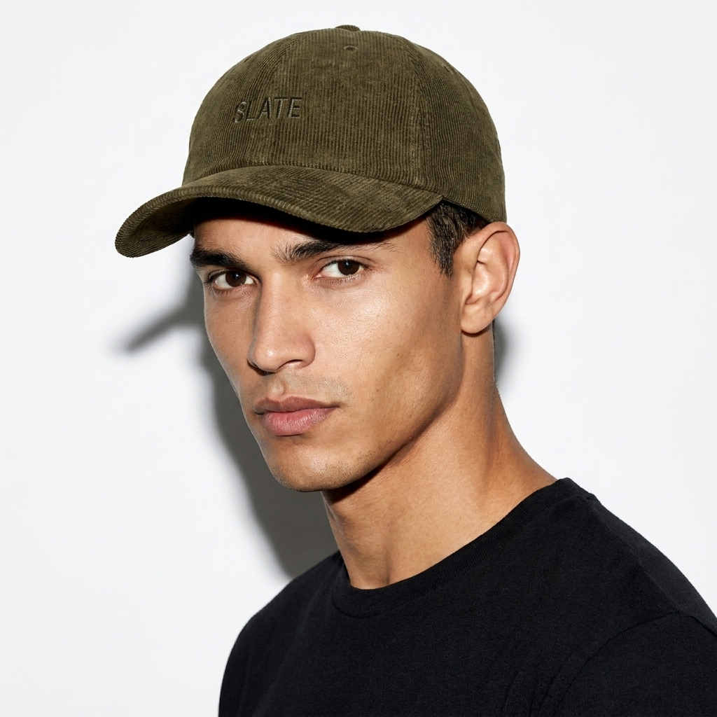 Corduroy Dad Hat worn by a lean Brazilian male fashion influencer, editorial avant-garde styling, studio lookbook — custom corduroy dad hat