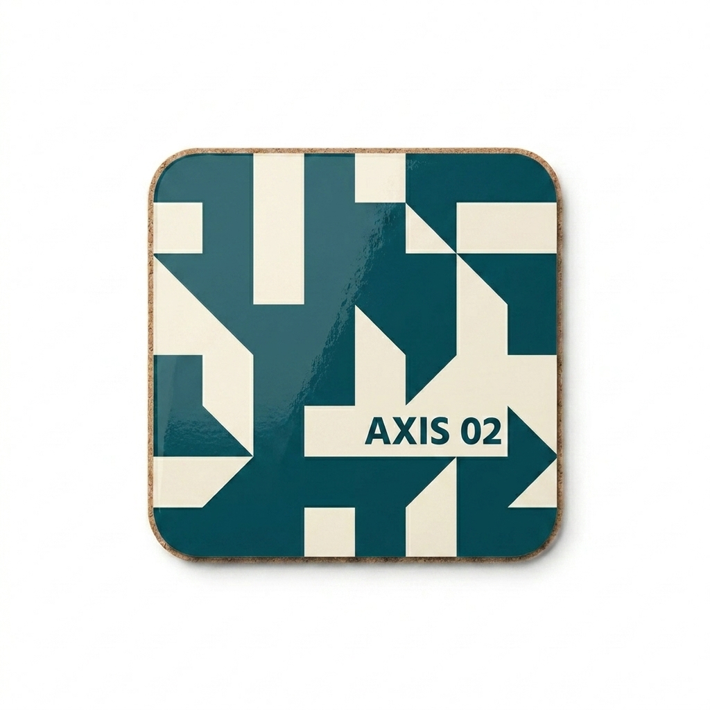 Custom Custom Cork-Back Coaster design direction 2: Abstract Geometric Graphic featuring the AXIS 02 wordmark