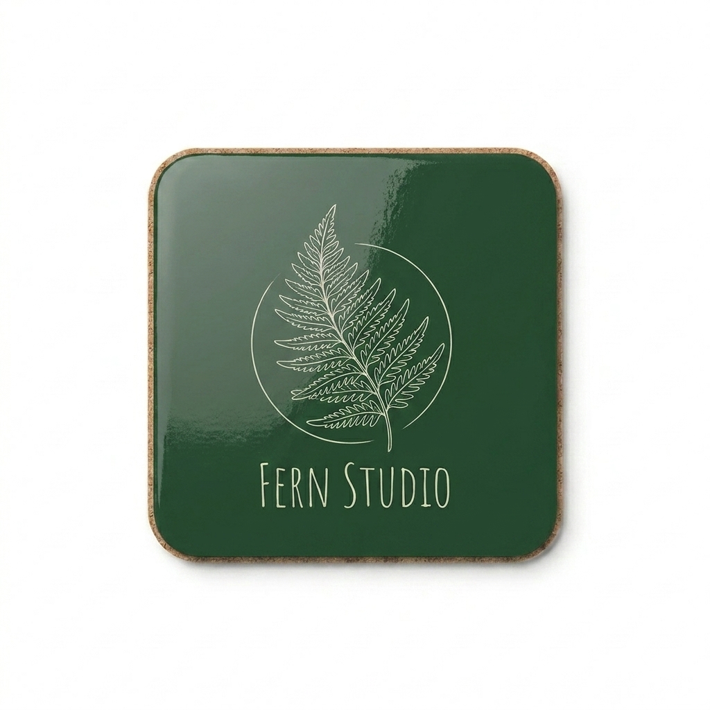 Custom Custom Cork-Back Coaster design direction 3: Botanical Line Art featuring the FERN STUDIO wordmark