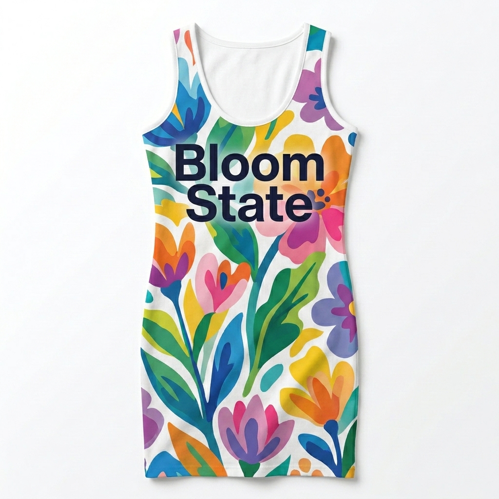 Custom Cotton Bodycon Dress design direction 1: Abstract Floral All-Over Print featuring the Bloom State wordmark