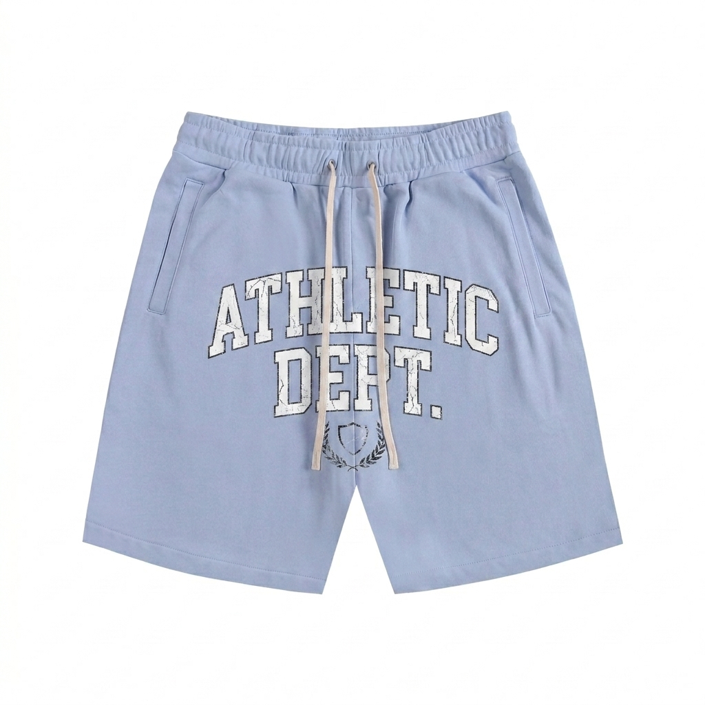 Custom Essential Cotton Shorts design direction 2: Retro Collegiate Graphic featuring the ATHLETIC DEPT. wordmark