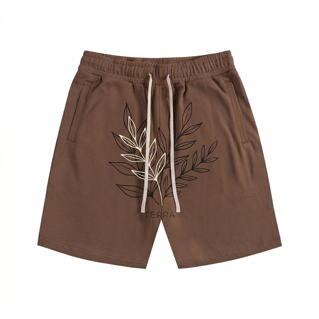 Custom Essential Cotton Shorts design direction 3: Botanical Line Art featuring the TERRA wordmark