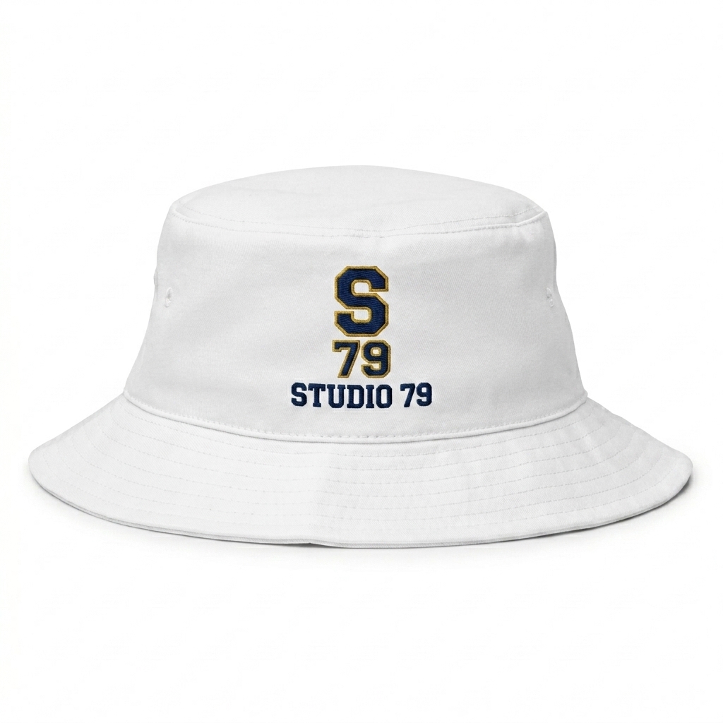 Custom Custom Cotton Twill Bucket Hat design direction 3: Varsity Emblem featuring the STUDIO 79 wordmark