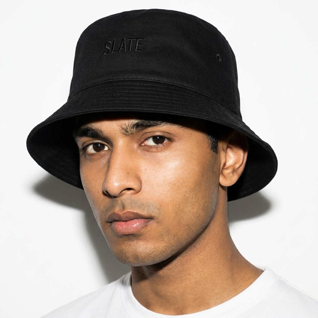 Custom Cotton Twill Bucket Hat worn by a petite Indian male fashion influencer, y2k revival styling, studio lookbook — custom custom cotton twill bucket hat