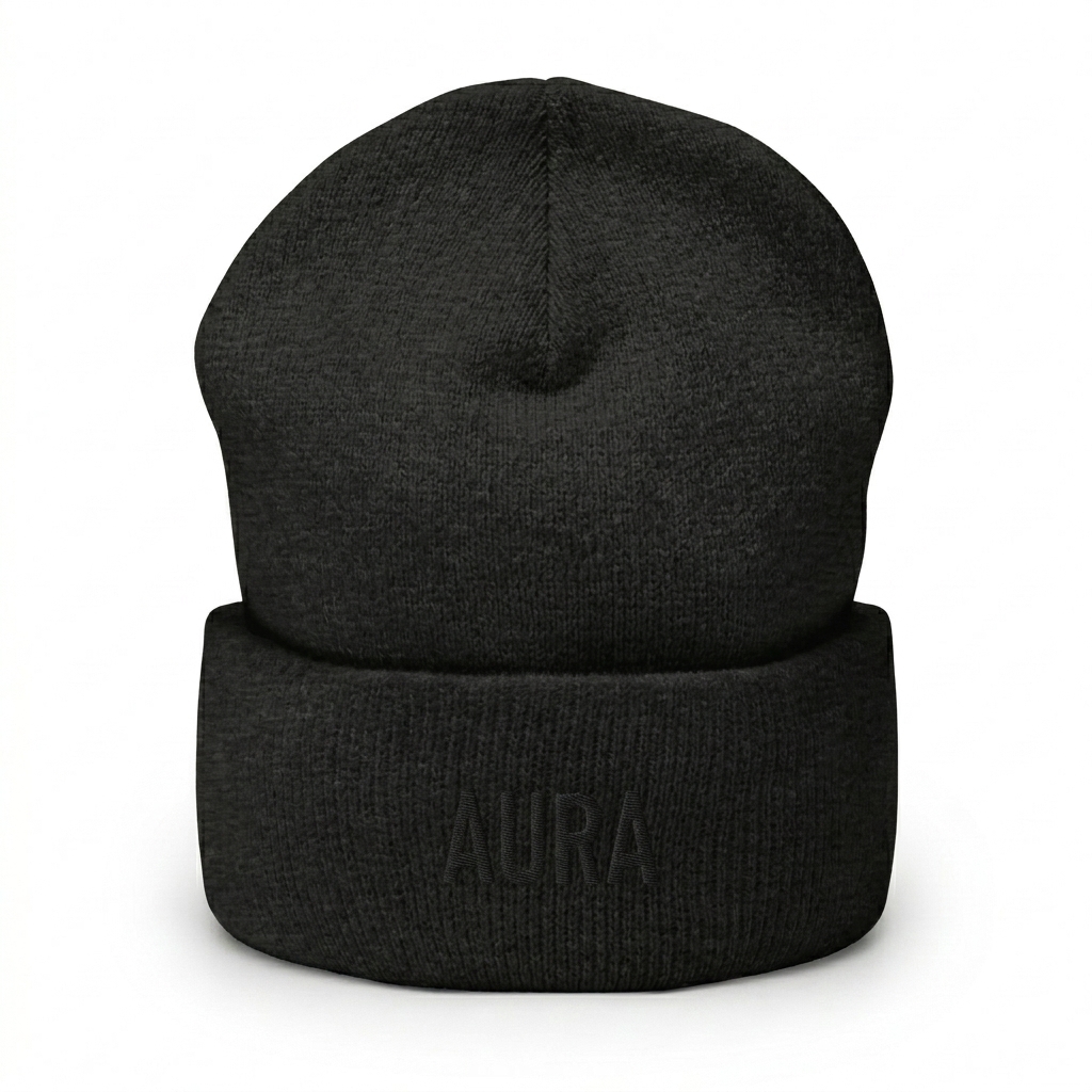 Custom Cuffed Beanie design direction 1: Tonal Minimalist Wordmark featuring the AURA wordmark
