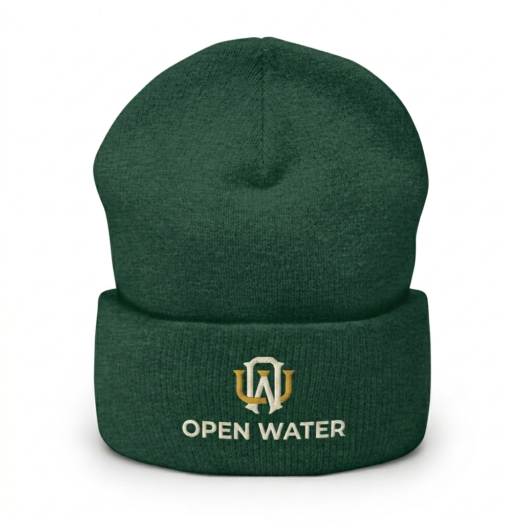 Custom Cuffed Beanie design direction 2: Modern Monogram Emblem featuring the OPEN WATER wordmark