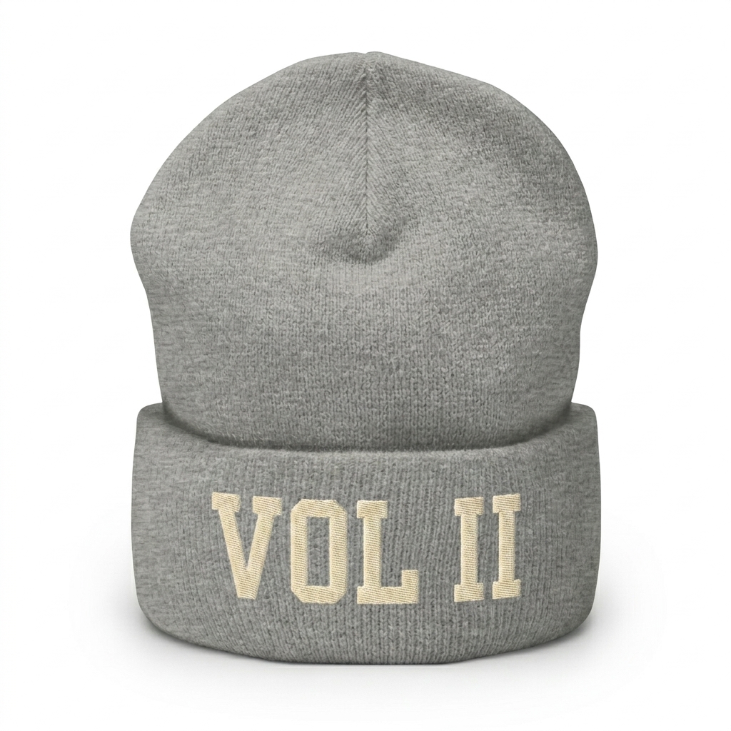 Custom Cuffed Beanie design direction 3: Retro Collegiate Text featuring the VOL II wordmark