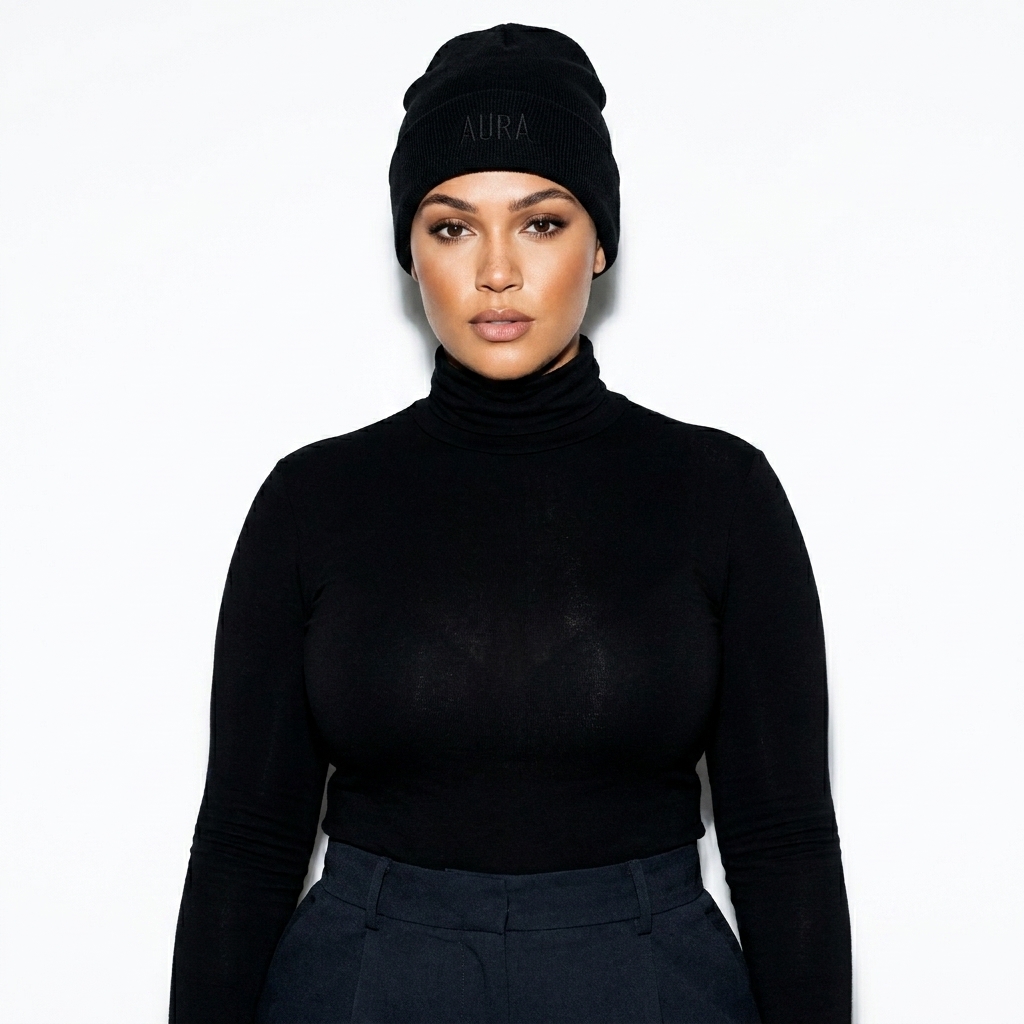 Cuffed Beanie worn by a curvy British female fashion influencer, y2k revival styling, studio lookbook — custom cuffed beanie