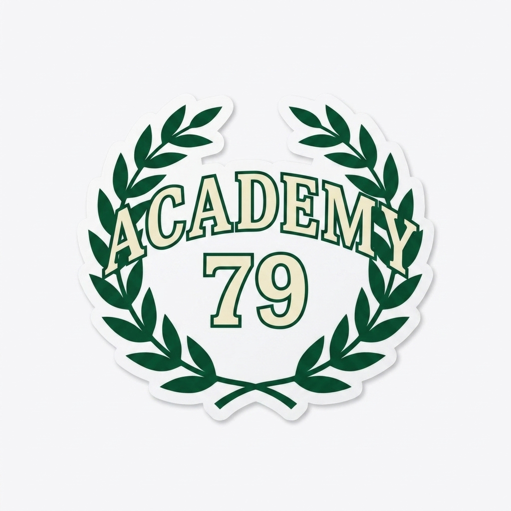 Custom Custom Die-Cut Magnets design direction 3: Retro Collegiate Emblem featuring the ACADEMY 79 wordmark