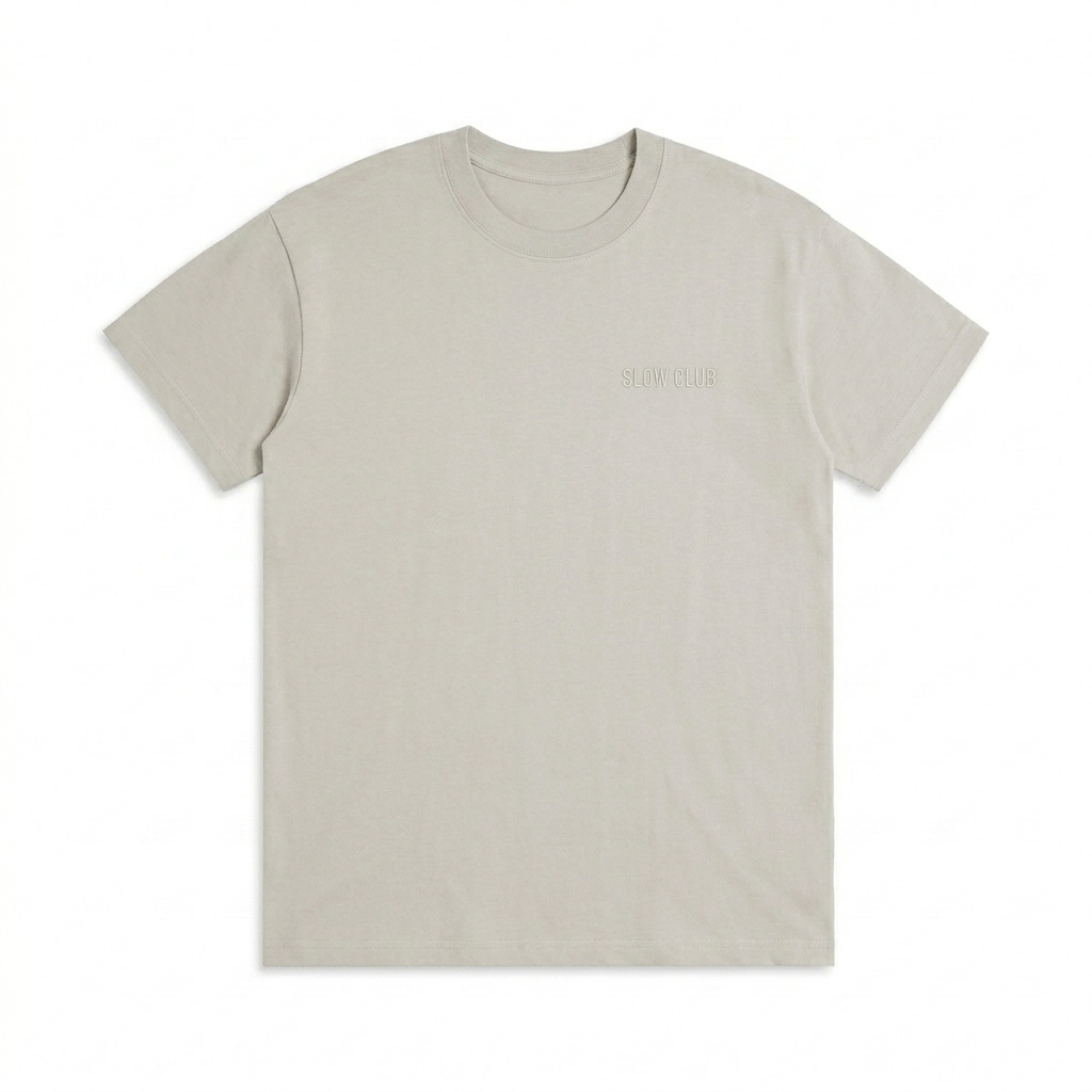 Custom Drop Shoulder Cotton T-Shirt design direction 1: Subtle Identity featuring the SLOW CLUB wordmark