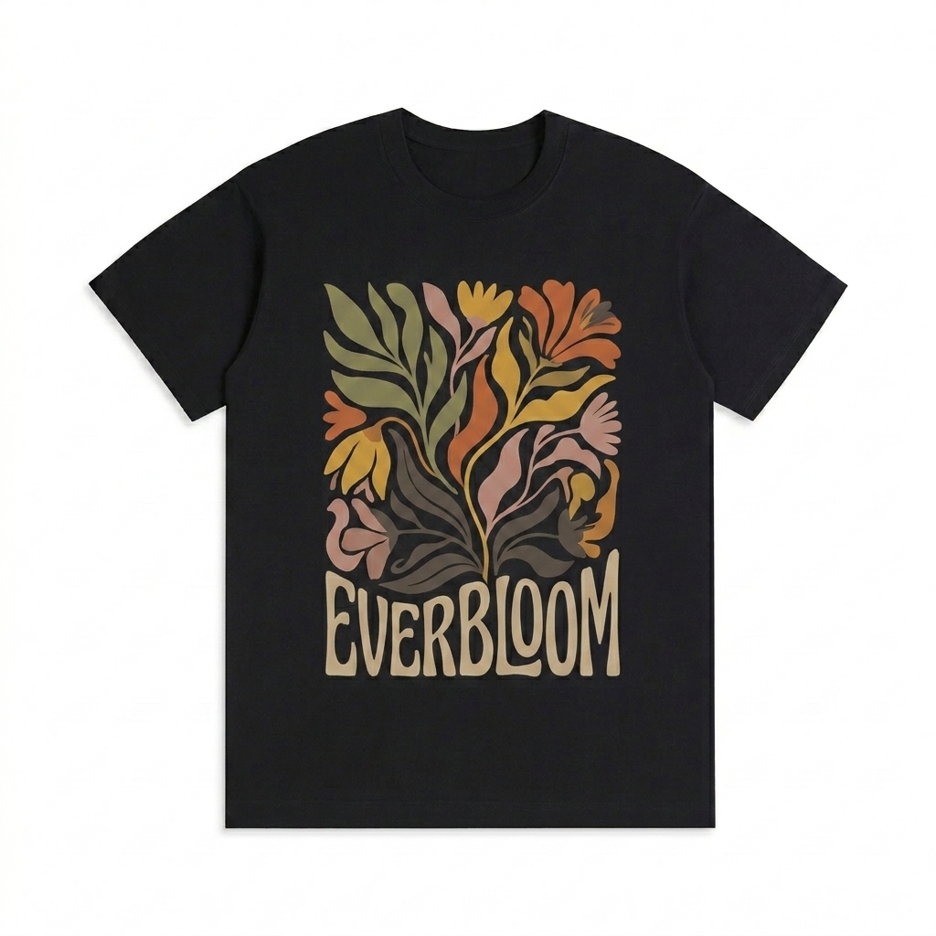 Custom Drop Shoulder Cotton T-Shirt design direction 2: Abstract Botanical featuring the EVERBLOOM wordmark