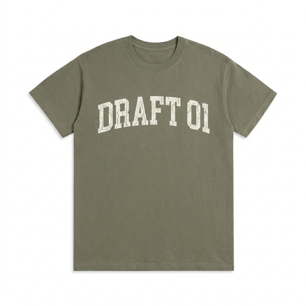 Custom Drop Shoulder Cotton T-Shirt design direction 3: Collegiate Spirit featuring the DRAFT 01 wordmark