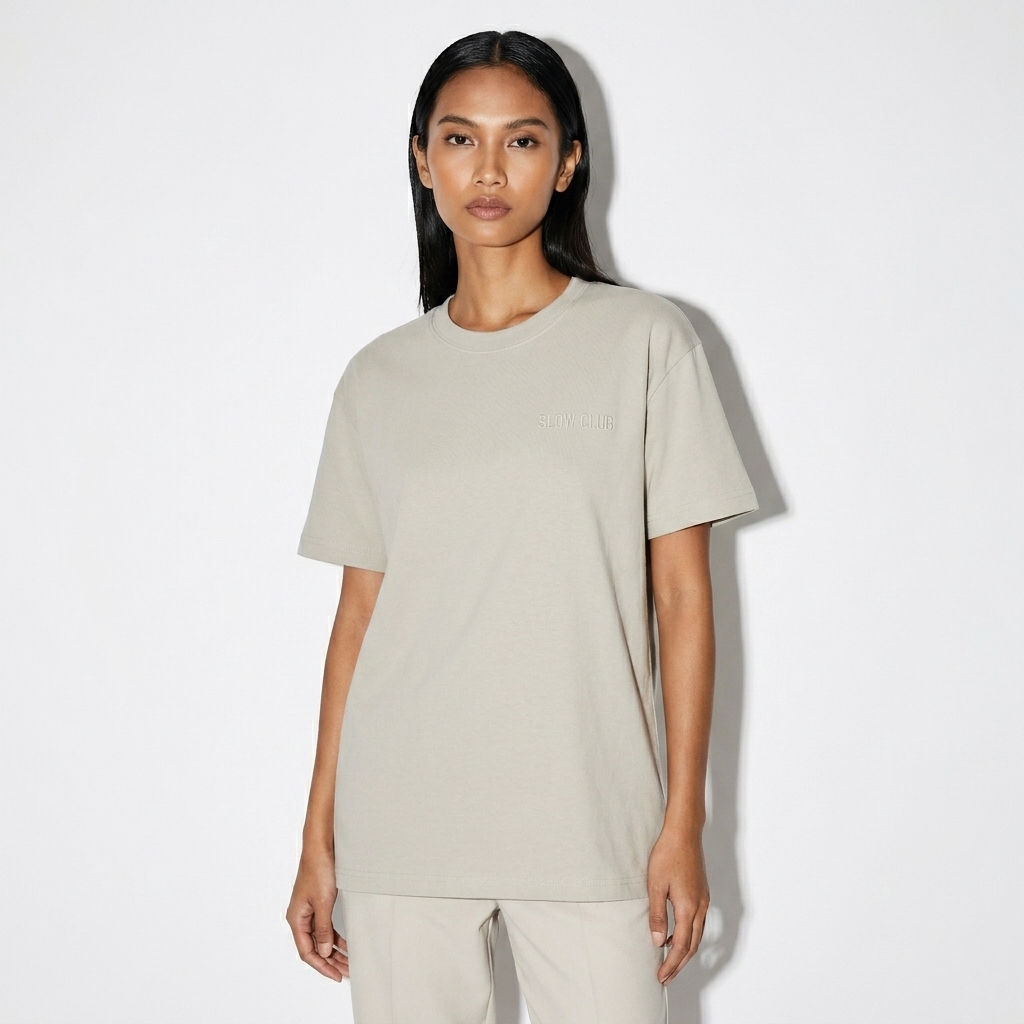 Drop Shoulder Cotton T-Shirt worn by a slim tall Southeast Asian female fashion influencer, techwear modern styling, studio lookbook — custom drop shoulder cotton t-shirt