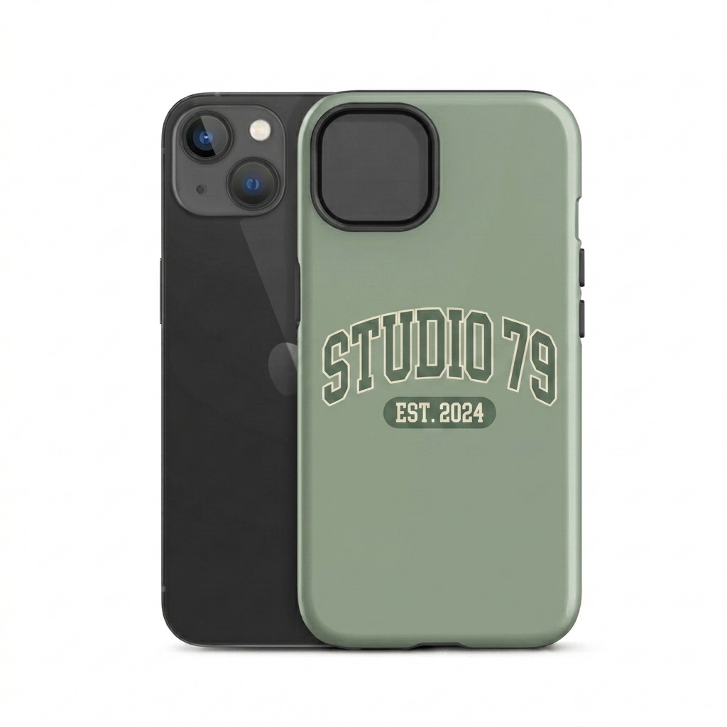 Custom Custom Dual-Layer iPhone Case design direction 3: Retro Collegiate Emblem featuring the STUDIO 79 wordmark