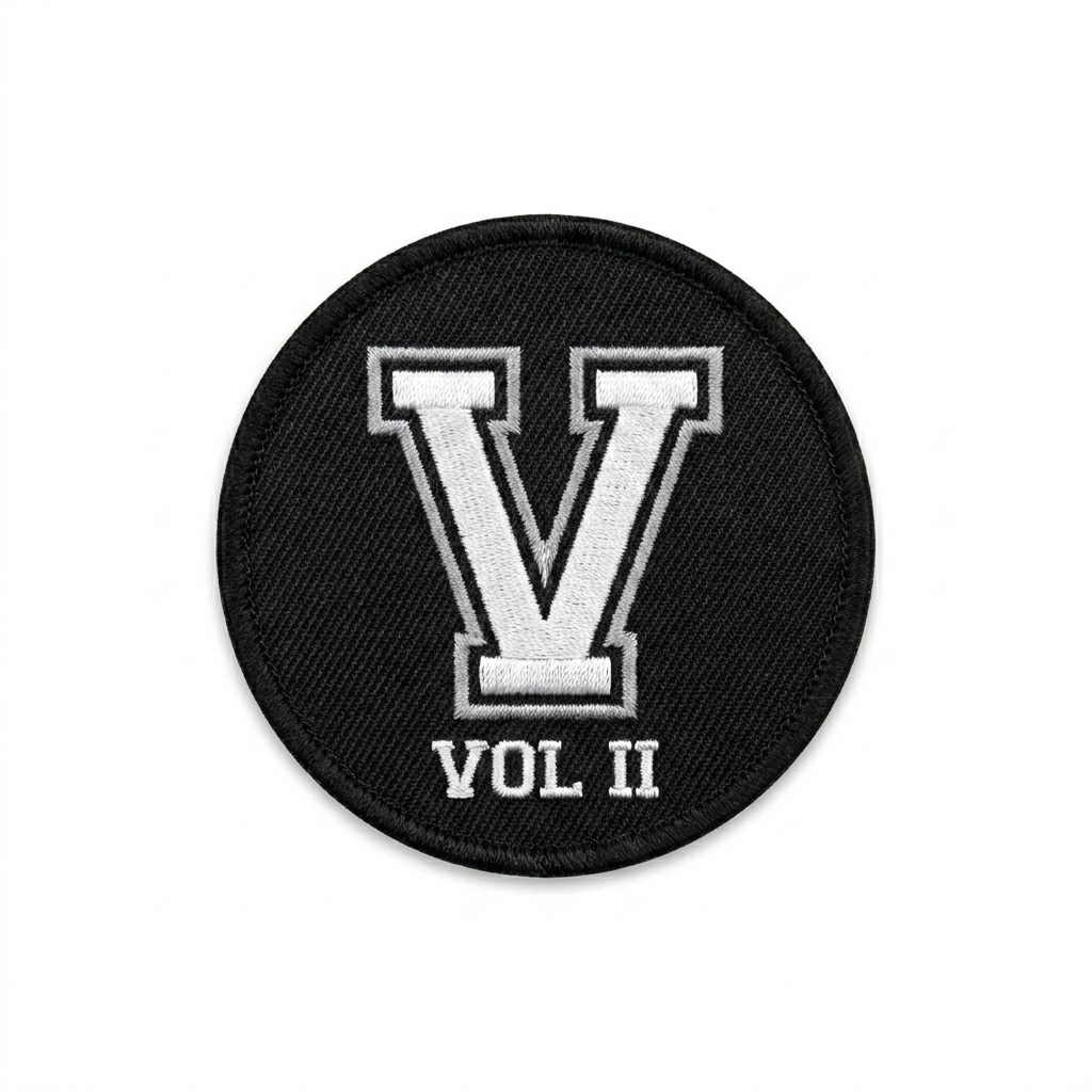 Custom Custom Embroidered Patches design direction 3: Varsity Lettering featuring the VOL II wordmark