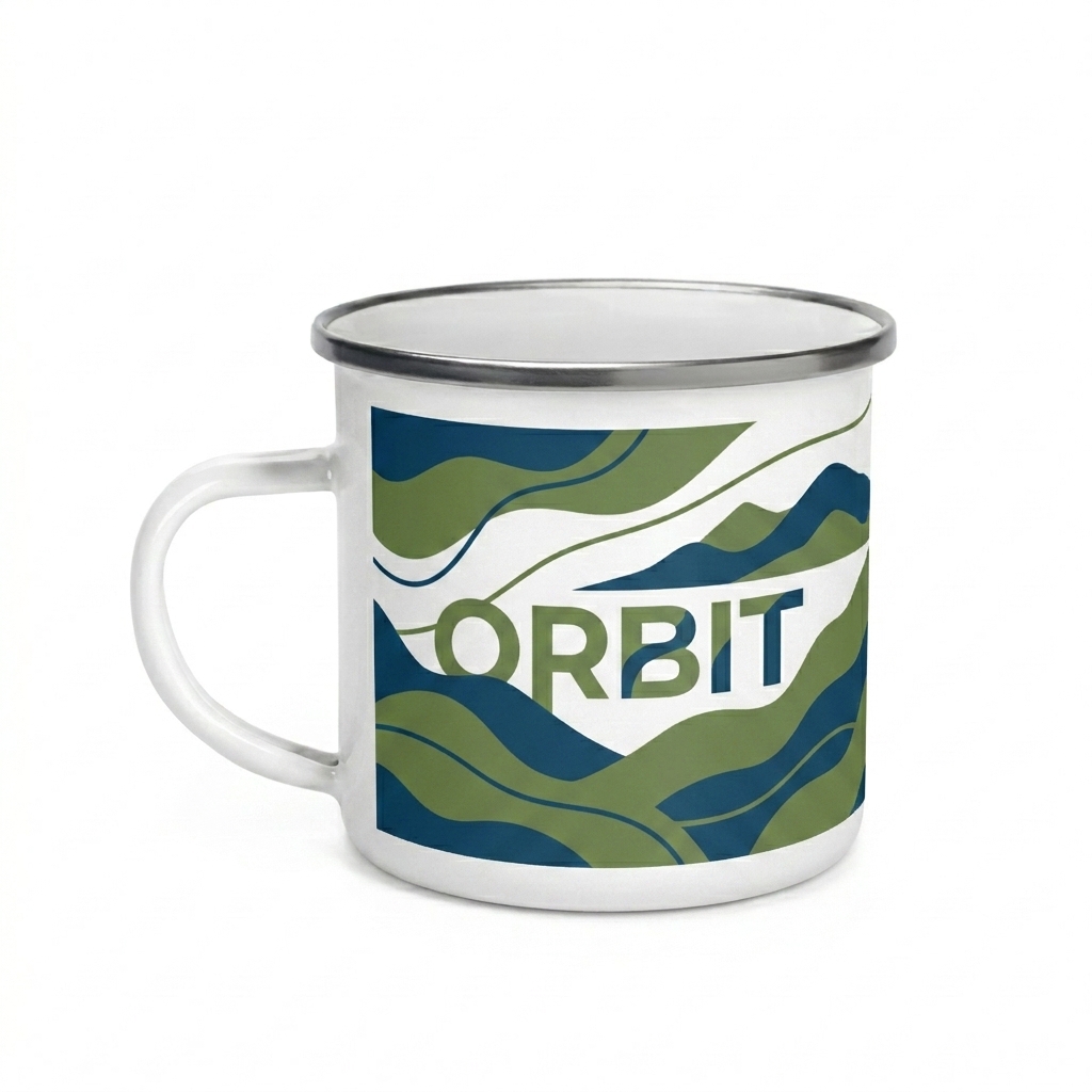 Custom Custom Enamel Mug design direction 2: Abstract Landscape Graphic featuring the ORBIT wordmark