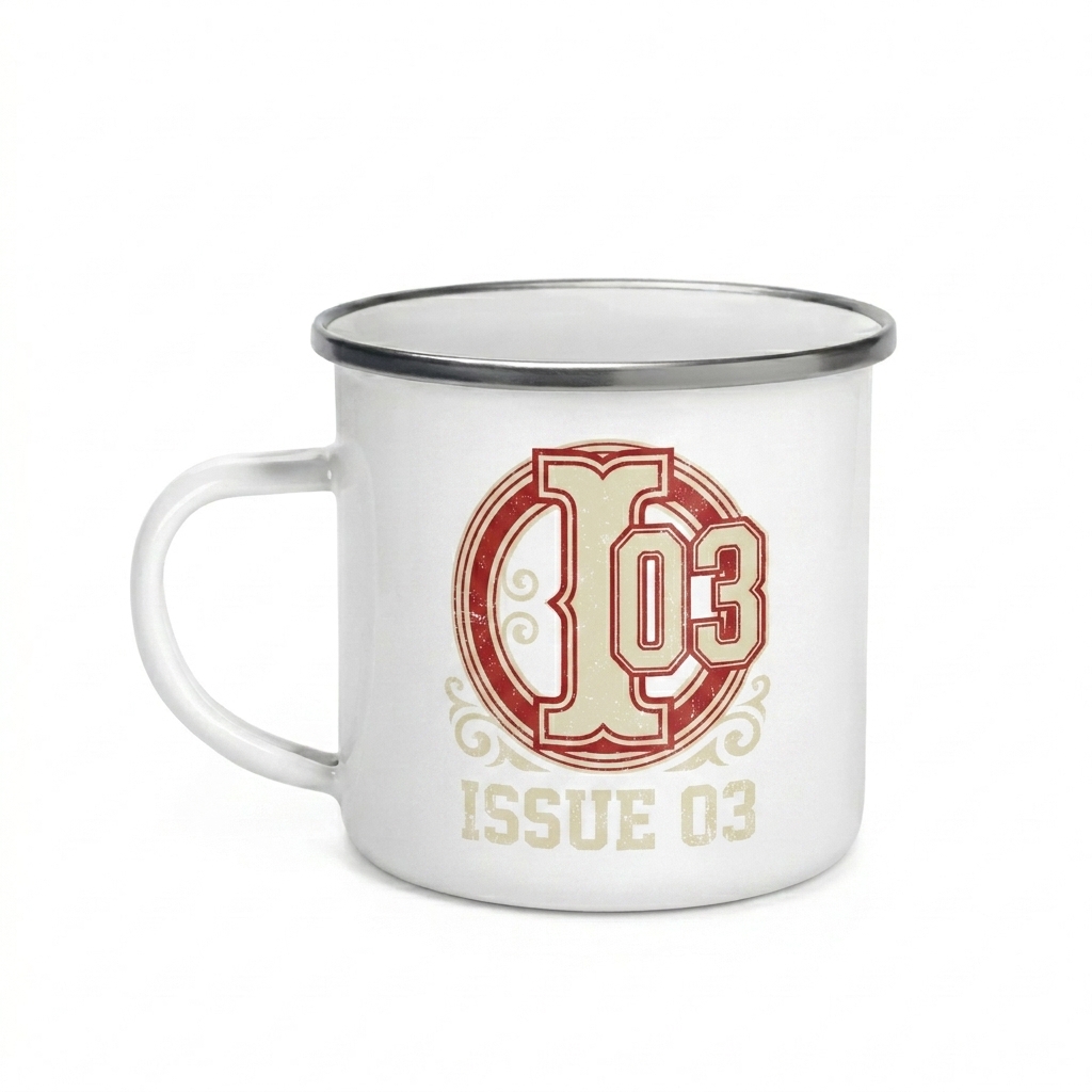 Custom Custom Enamel Mug design direction 3: Retro Collegiate Emblem featuring the ISSUE 03 wordmark