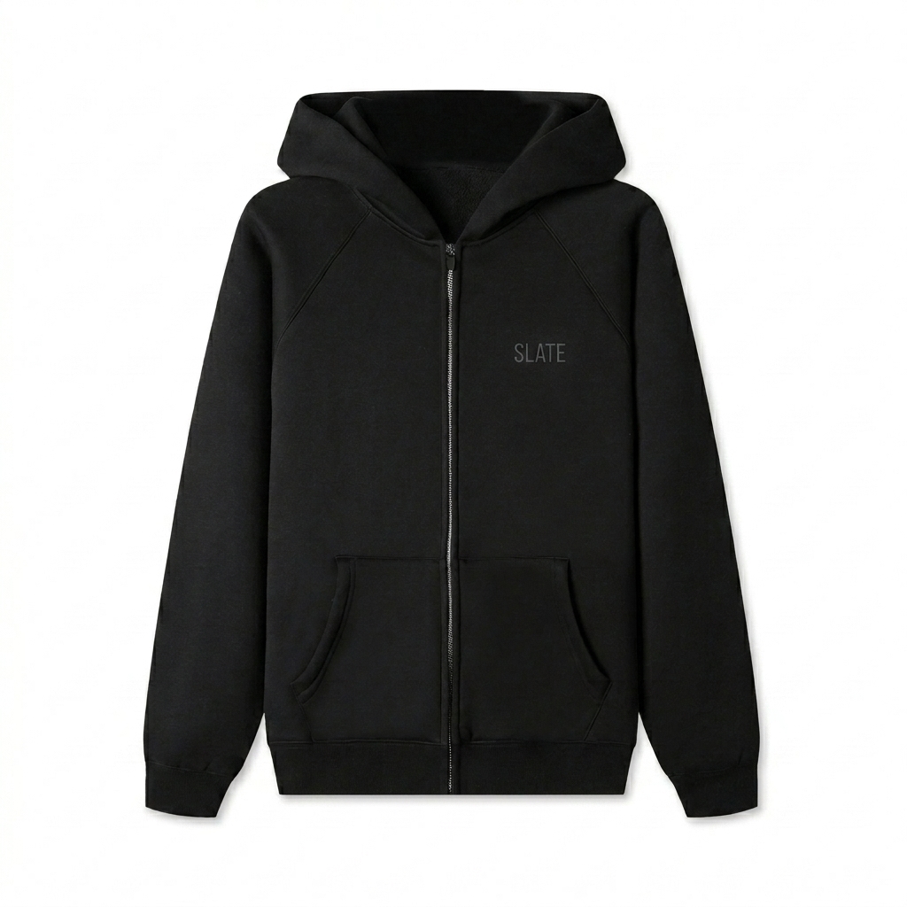 Custom Essential Zip-Up Hoodie design direction 1: Minimalist Tonal Wordmark featuring the SLATE wordmark