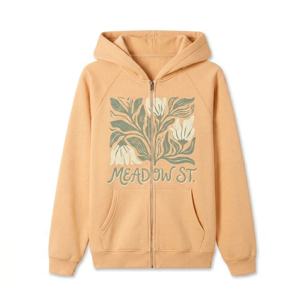 Custom Essential Zip-Up Hoodie design direction 2: Abstract Botanical Graphic featuring the MEADOW ST. wordmark