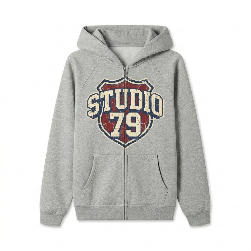 Custom Essential Zip-Up Hoodie design direction 3: Retro Collegiate Emblem featuring the STUDIO 79 wordmark