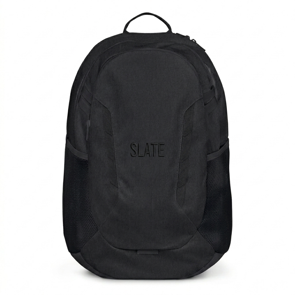 Custom Everyday Water-Resistant Backpack design direction 1: Tonal Minimalist Wordmark featuring the SLATE wordmark