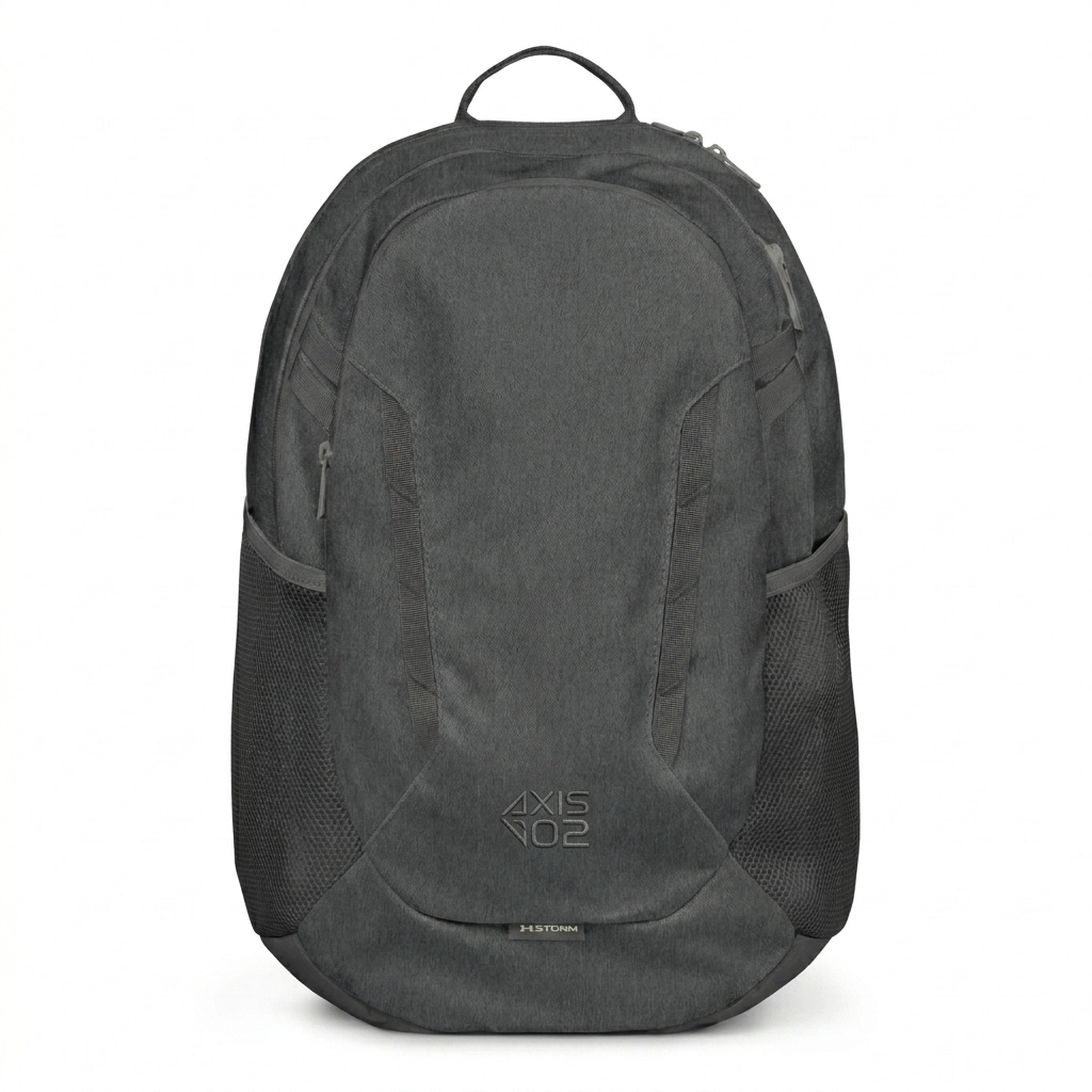 Custom Everyday Water-Resistant Backpack design direction 2: Geometric Monogram Emblem featuring the AXIS 02 wordmark