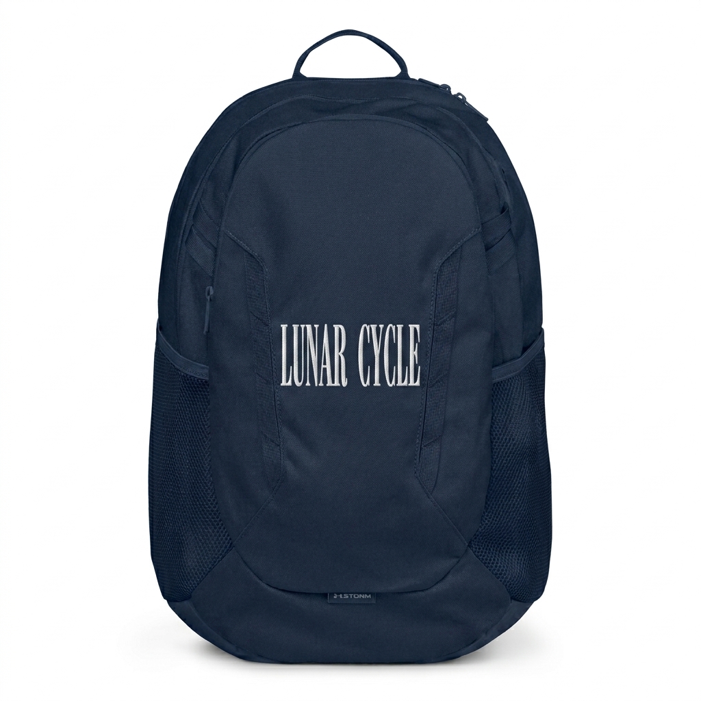 Custom Everyday Water-Resistant Backpack design direction 3: Typography Experiment featuring the LUNAR CYCLE wordmark
