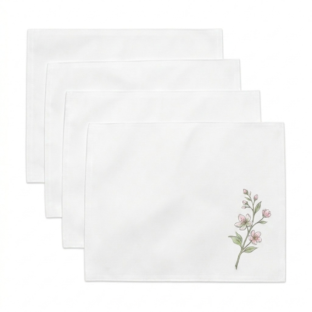 Custom Custom Fabric Placemat Set design direction 2: Botanical Illustration featuring the MEADOW ST. wordmark