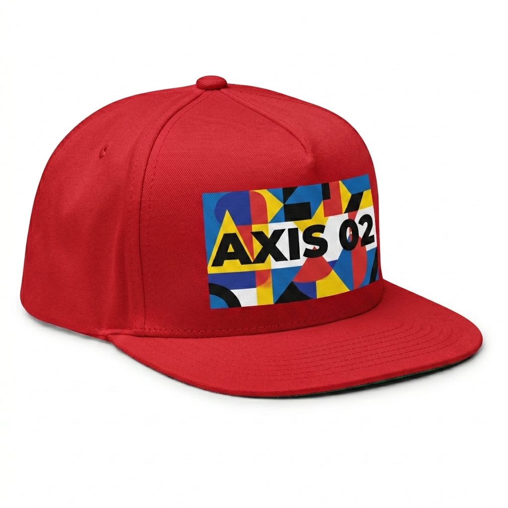 Custom Flat Bill Cap design direction 2: Bold Abstract Graphic featuring the AXIS 02 wordmark