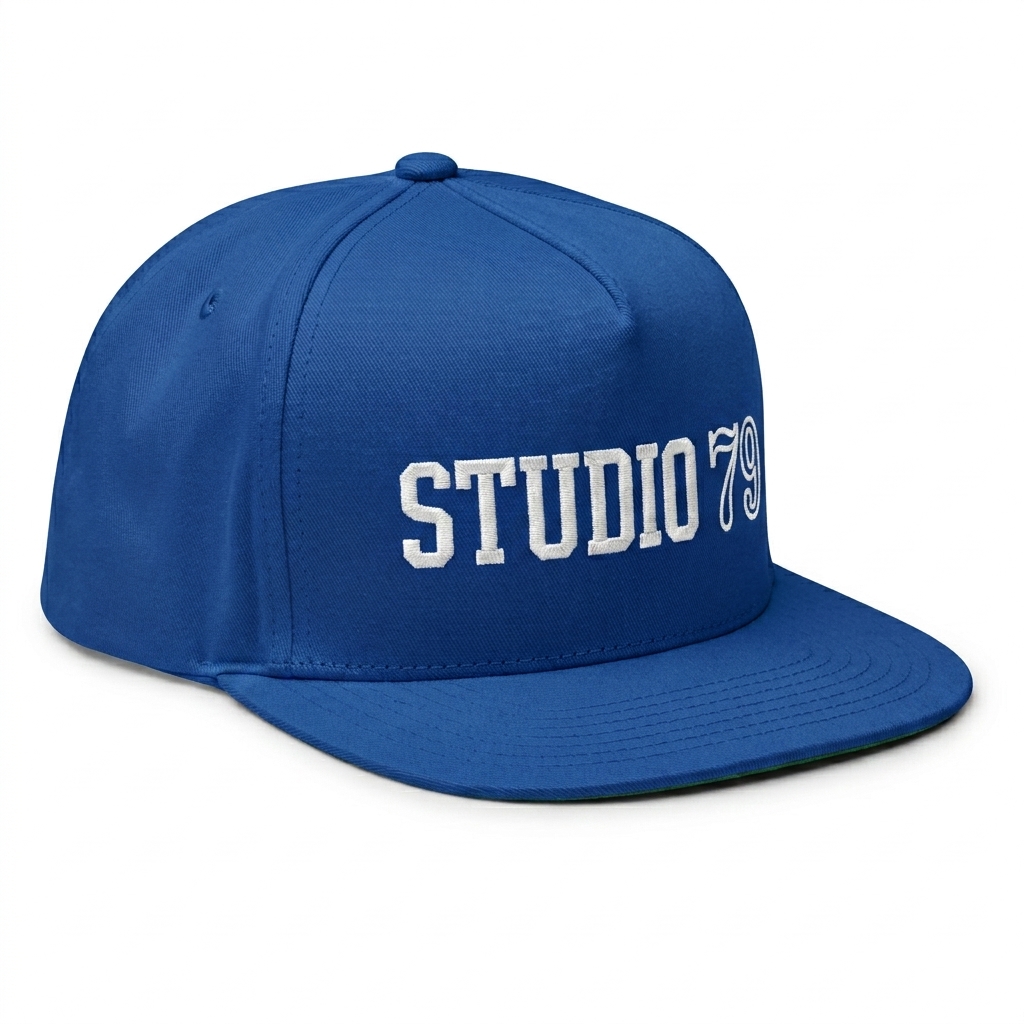 Custom Flat Bill Cap design direction 3: Retro Collegiate Emblem featuring the STUDIO 79 wordmark