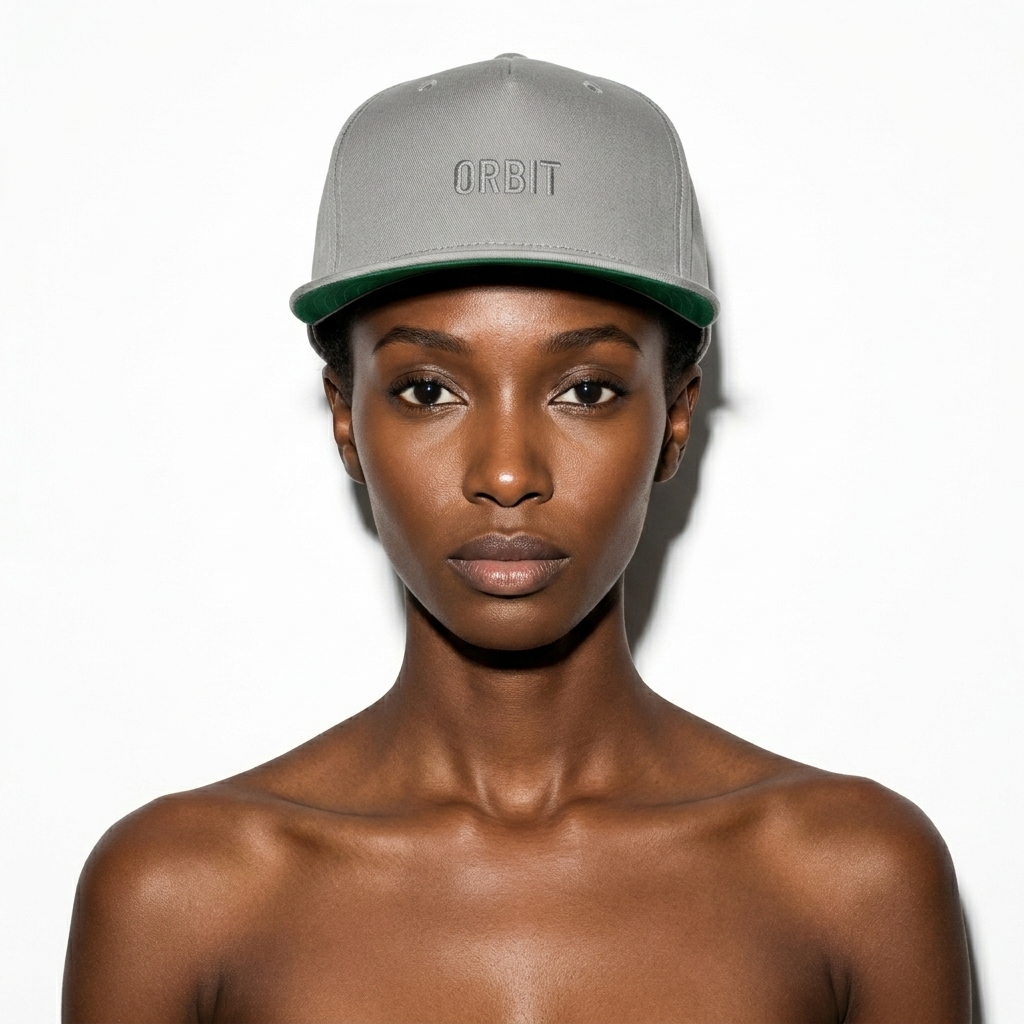 Flat Bill Cap worn by a slim tall East African female fashion influencer, techwear modern styling, studio lookbook — custom flat bill cap