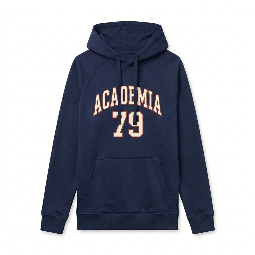 Custom Fleece Pullover Hoodie design direction 3: Retro Collegiate Emblem featuring the ACADEMIA 79 wordmark