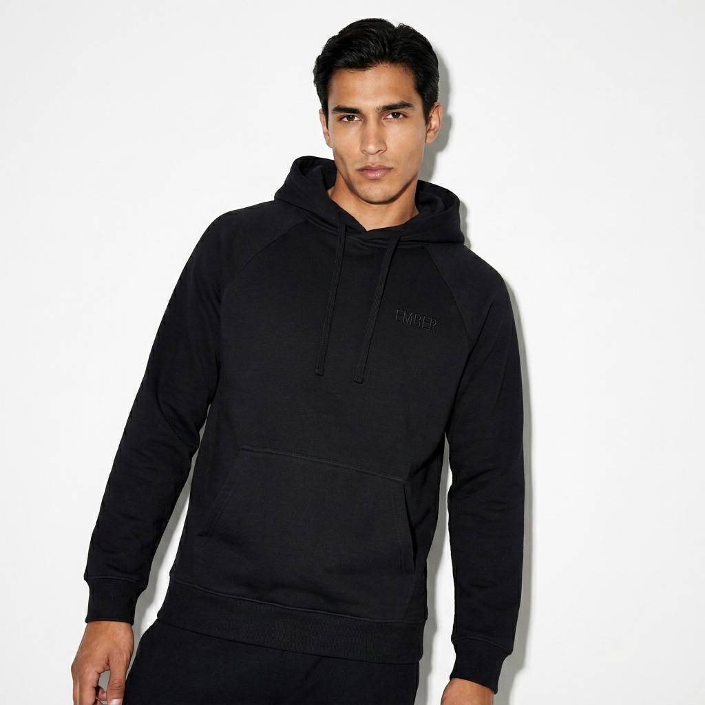 Fleece Pullover Hoodie worn by a lean Hispanic male fashion influencer, techwear modern styling, studio lookbook — custom fleece pullover hoodie