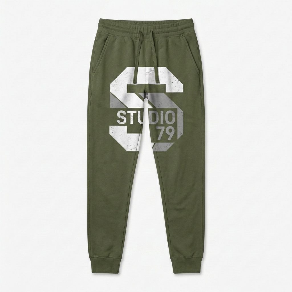Custom Unisex Fleece Sweatpants design direction 2: Abstract Geometric Graphic featuring the STUDIO 79 wordmark