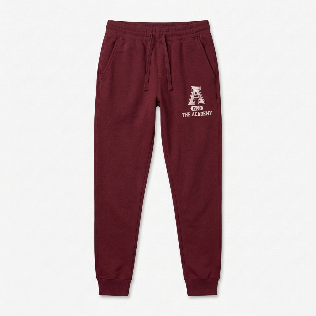 Custom Unisex Fleece Sweatpants design direction 3: Retro Collegiate Emblem featuring the THE ACADEMY wordmark